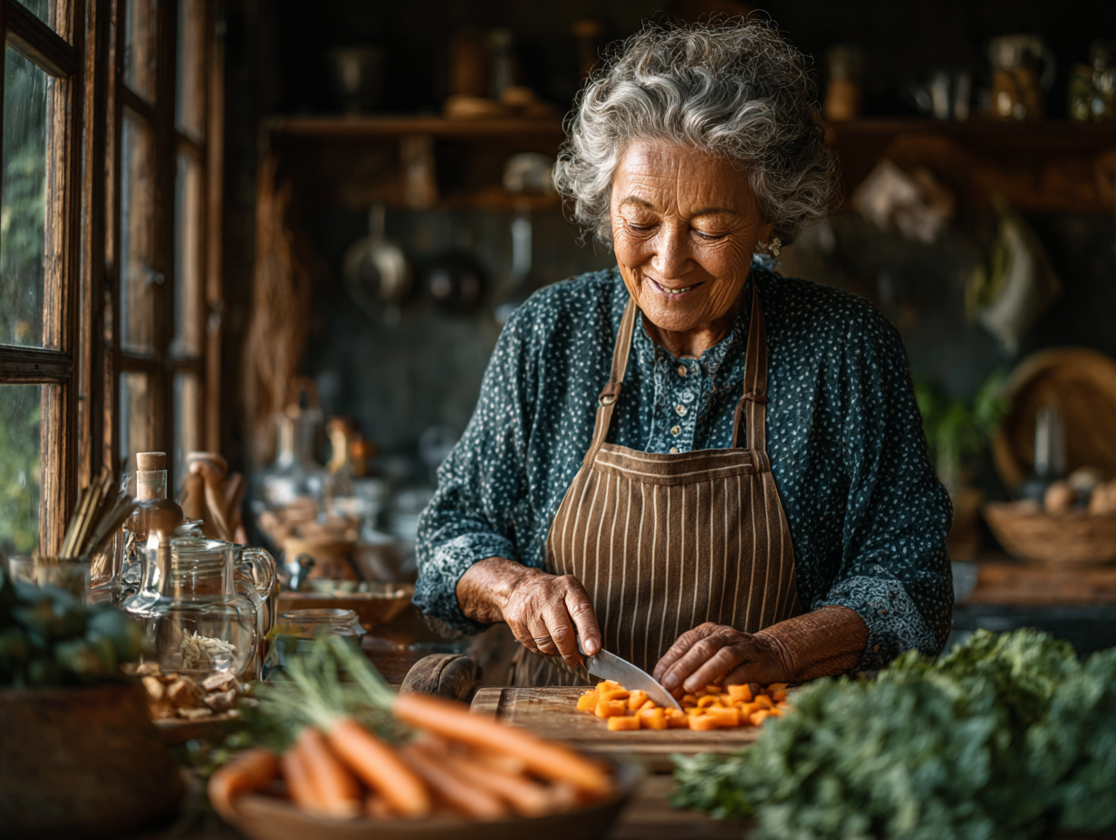 Щаслива пара старшого віку готує здорову їжу на кухні