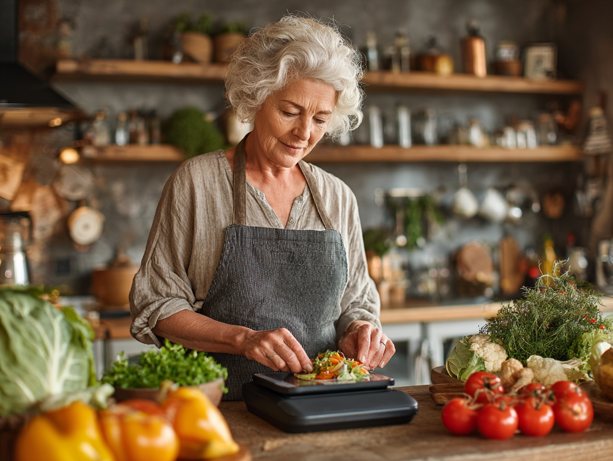 Активна жінка старшого віку з овочами та фруктами